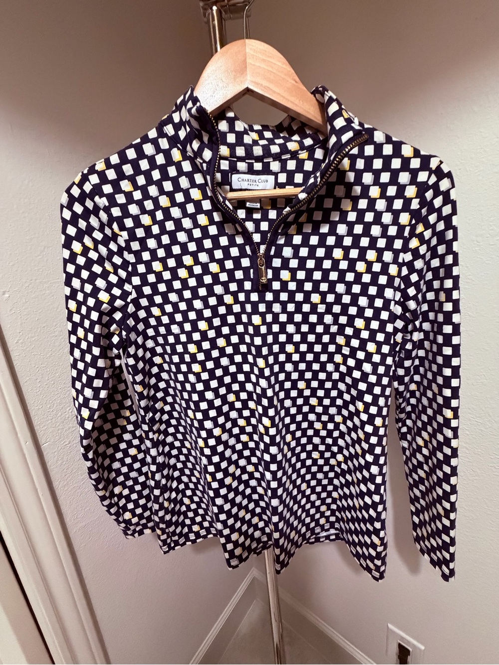 Charter Club Navy Checkerprint Half-Zip Pullover with Yellow Accents
